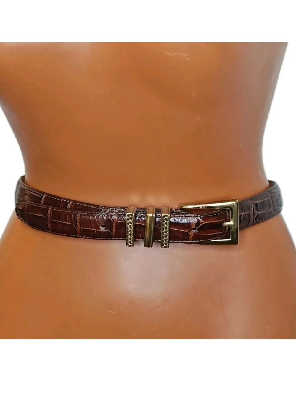 Vtg 90s Brighton USA 40068 Brown Gator Leather Belt Brass Sz 32/M/L Fits 28-32